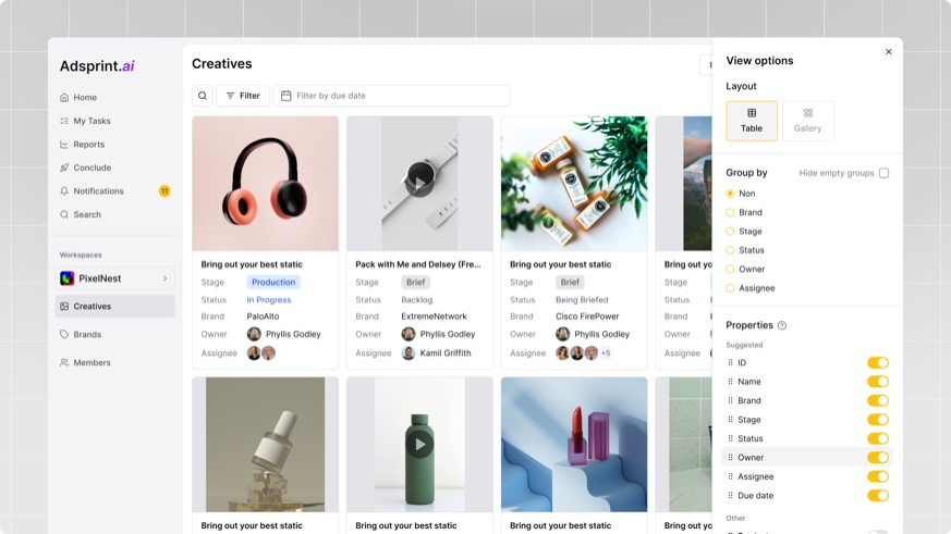 Adsprint.ai creatives board with view options panel