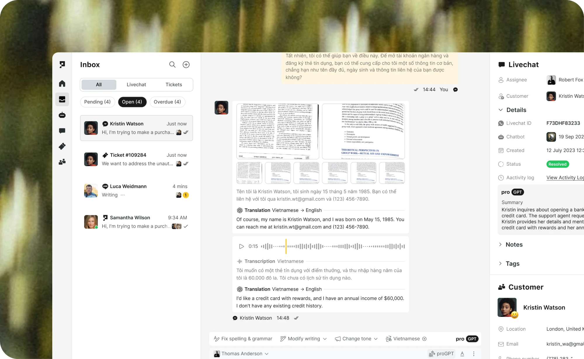 Proto multilingual inbox with live translation and customer details